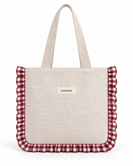 Bolso totebag en tela de lino natural con volante fruncido en tela vichy burdeos, personalizable de MiDuende