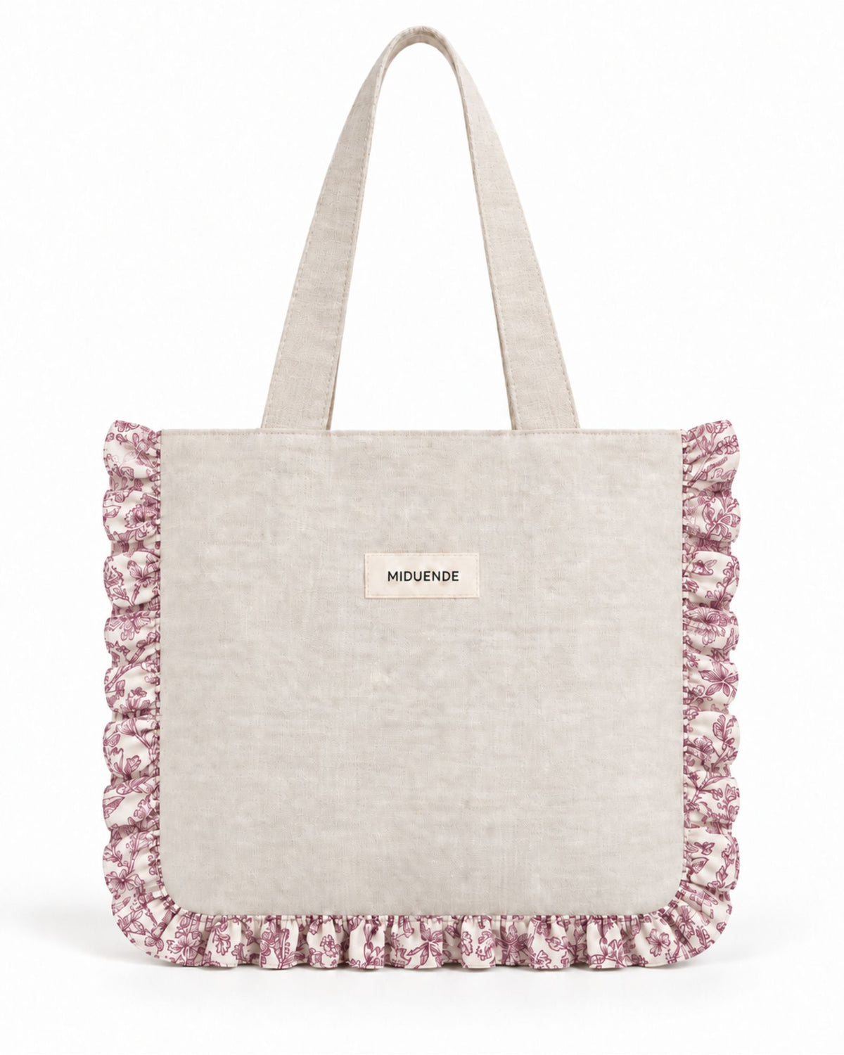 Tote bag de lino natural con volante estampado en jara rosa