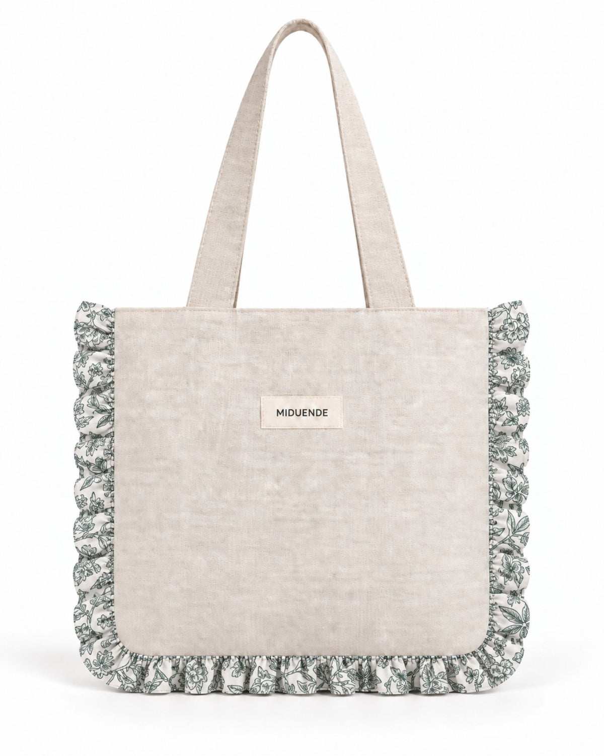 Tote bag de lino natural con volante estampado en jara verde