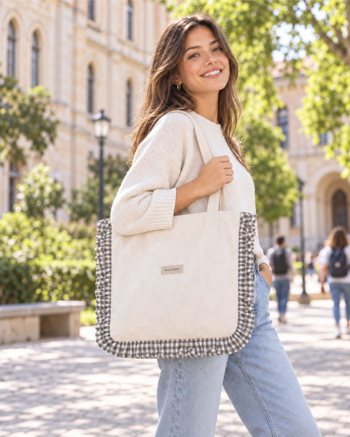 Bolso tote de lino natural con volante decorativo en tela vichy gris personalizable de MiDuende