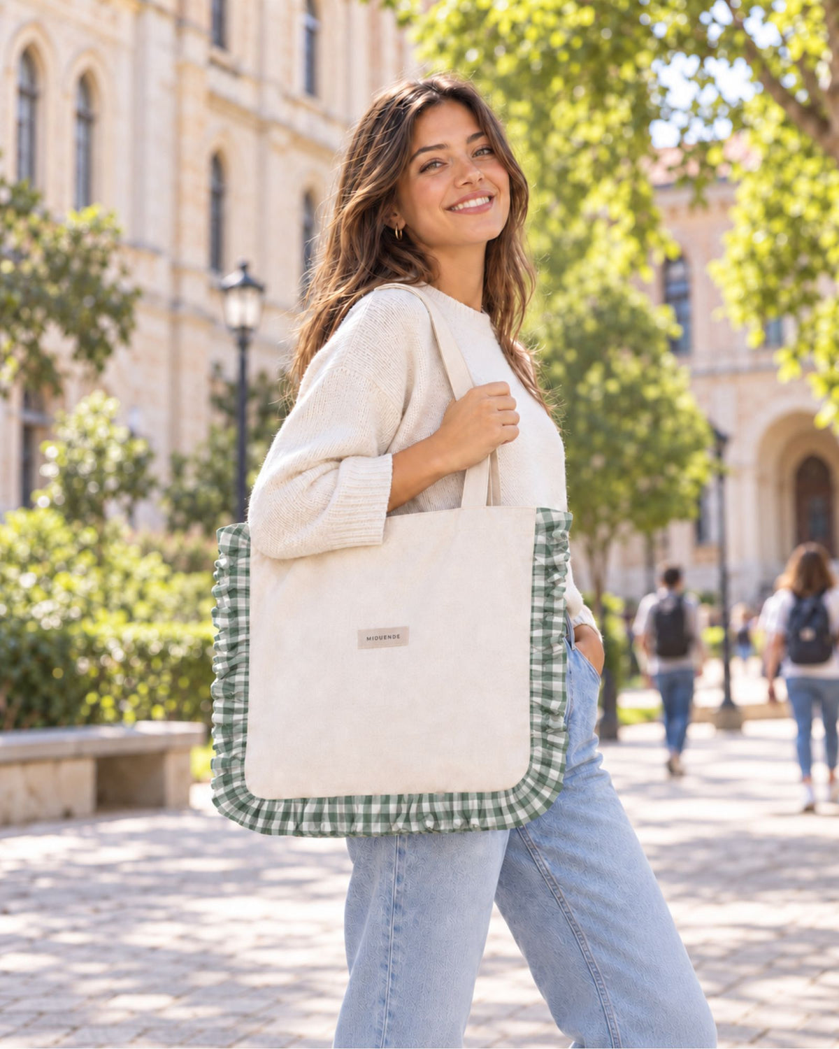Bolso tote de lino natural con volante decorativo en tela vichy verde personalizable de MiDuende