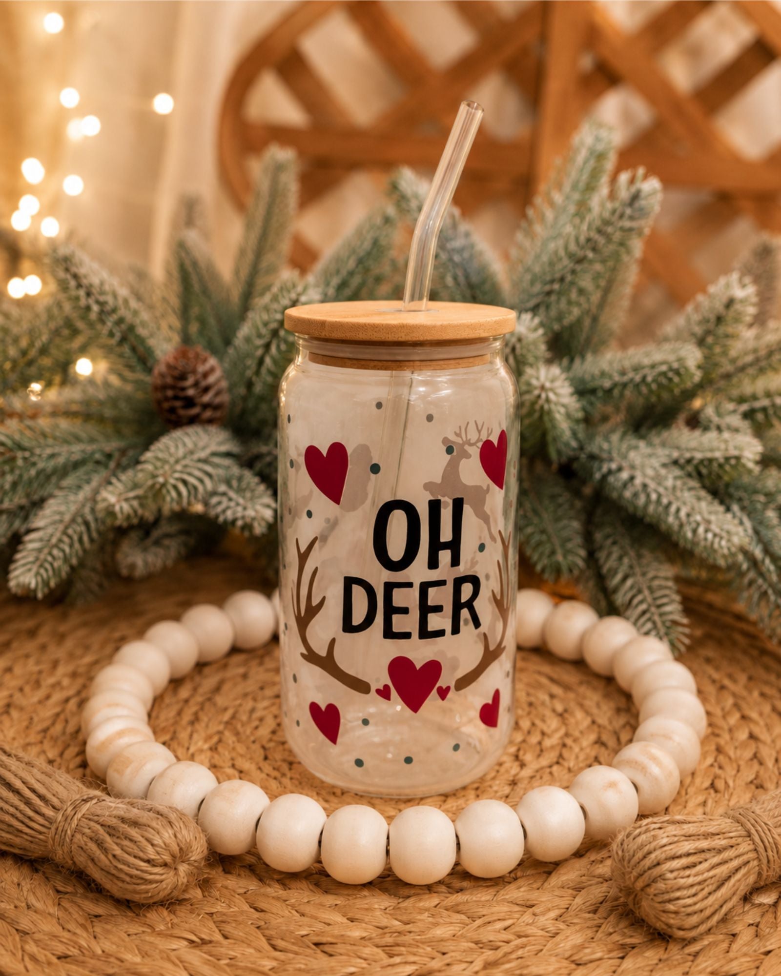 Vaso de cristal con pajita y tapa de bambú con decoraación navideña, ideal para regalar