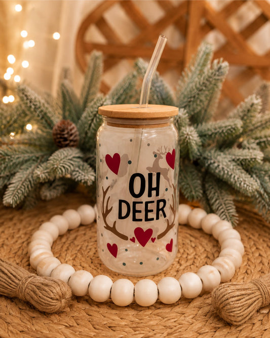Vaso de cristal con pajita y tapa de bambú con decoraación navideña, ideal para regalar